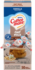 Coffee Mate vanilla oat milk creamer singles in a 50-count box for dairy-free vanilla flavor.