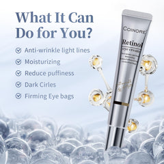 Coinore Retinol Under Eye Cream jar closeup highlights creamy texture for gentle, effective application.