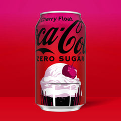 Coca-Cola Zero Sugar Cherry Float can cold closeup emphasizes refreshment.