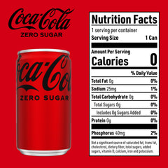 Coke Zero Sugar mini-can back view explains caffeine content and sugar-free formula.