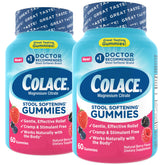 Colace mixed berry gummy bottle shown on kitchen counter for gentle relief