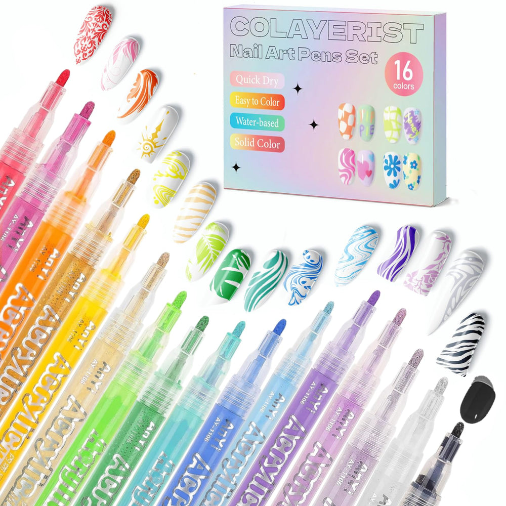 COLAYERIST Nail Art Pens 16-color kit for vibrant, versatile nail designs at home.