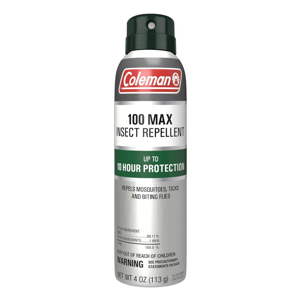 Coleman 100 Max DEET spray can shown for all-day outdoor protection.