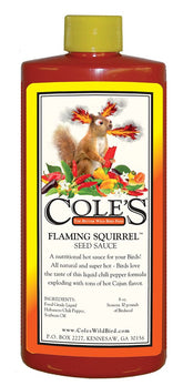 Cole's Flaming Squirrel Seed Sauce bottle front view attracts birds with spicy flavor.