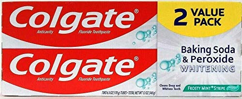 Colgate baking soda and peroxide whitening toothpaste with frosty mint stripe for brighter teeth and fresh breath.