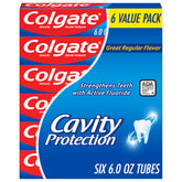 Colgate Cavity Protection toothpaste six-pack tubes on display for enamel care and daily brushing