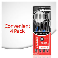 Colgate Gum Health Charcoal toothbrush floss-tip bristles on teeth