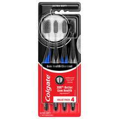 Colgate Gum Health Charcoal toothbrush pack front showing four brushes for sensitive gums