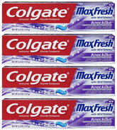 Colgate Max Fresh KnockOut toothpaste tubes, front view, promising minty freshness.