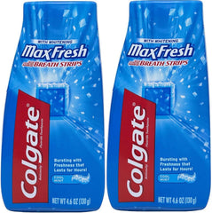 Colgate MaxFresh toothpaste packaging shows dual-pack design for freshness