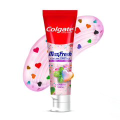 Colgate MaxFresh rainbow heart crystals toothpaste tube with vibrant visuals for lasting cooling.