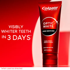 Three-pack packaging of Colgate Optic White Pro Series toothpaste for daily whitening.