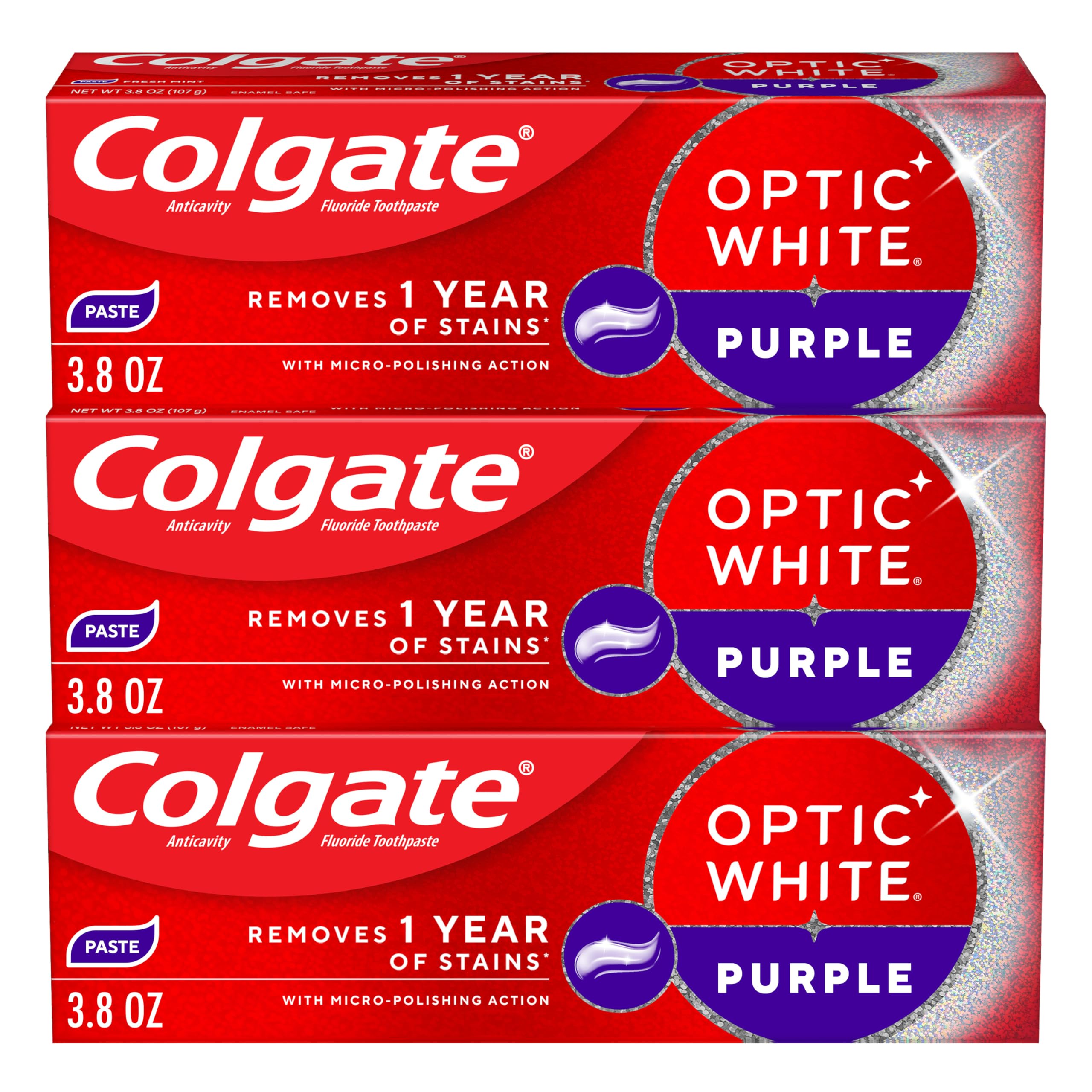 Colgate Optic White Purple 3-pack tubes ready for daily whitening.