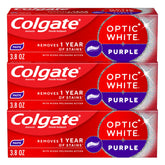 Colgate Optic White Purple 3-pack tubes ready for daily whitening.