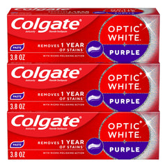 Colgate Optic White Purple 3-pack tubes ready for daily whitening.