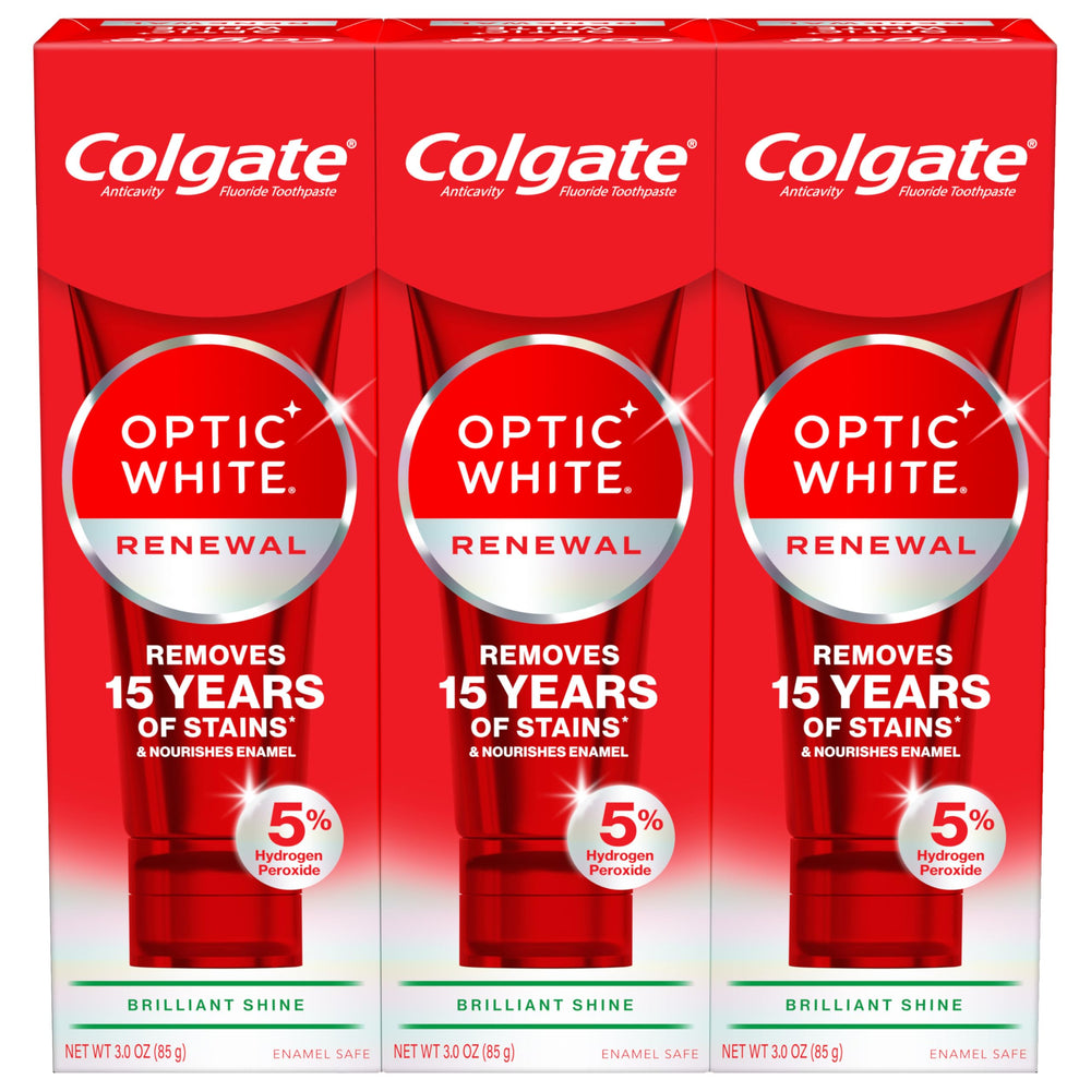 Colgate Optic White Renewal front packaging showing three-tube bundle for whitening at home