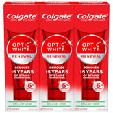 Colgate Optic White Renewal front packaging showing three-tube bundle for whitening at home