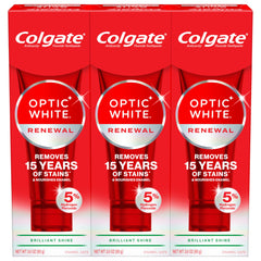 Colgate Optic White Renewal front packaging showing three-tube bundle for whitening at home