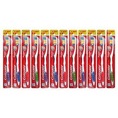 Colgate Premier 12-pack toothbrushes with bi-level bristles and built-in tongue scraper for fresh breath