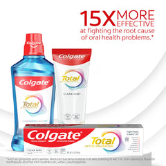 Colgate Total Active Prevention Clean Mint tube close-up label emphasizes fluoride protection.