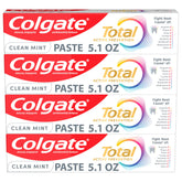 Colgate Total Active Prevention Clean Mint toothpaste tubes front view, four-pack, for daily cavity protection.