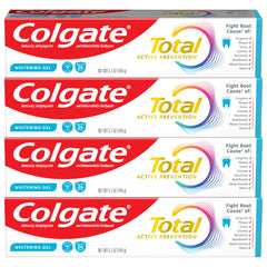 Colgate Total Active Prevention whitening gel toothpaste 4-pack tubes for daily brushing.