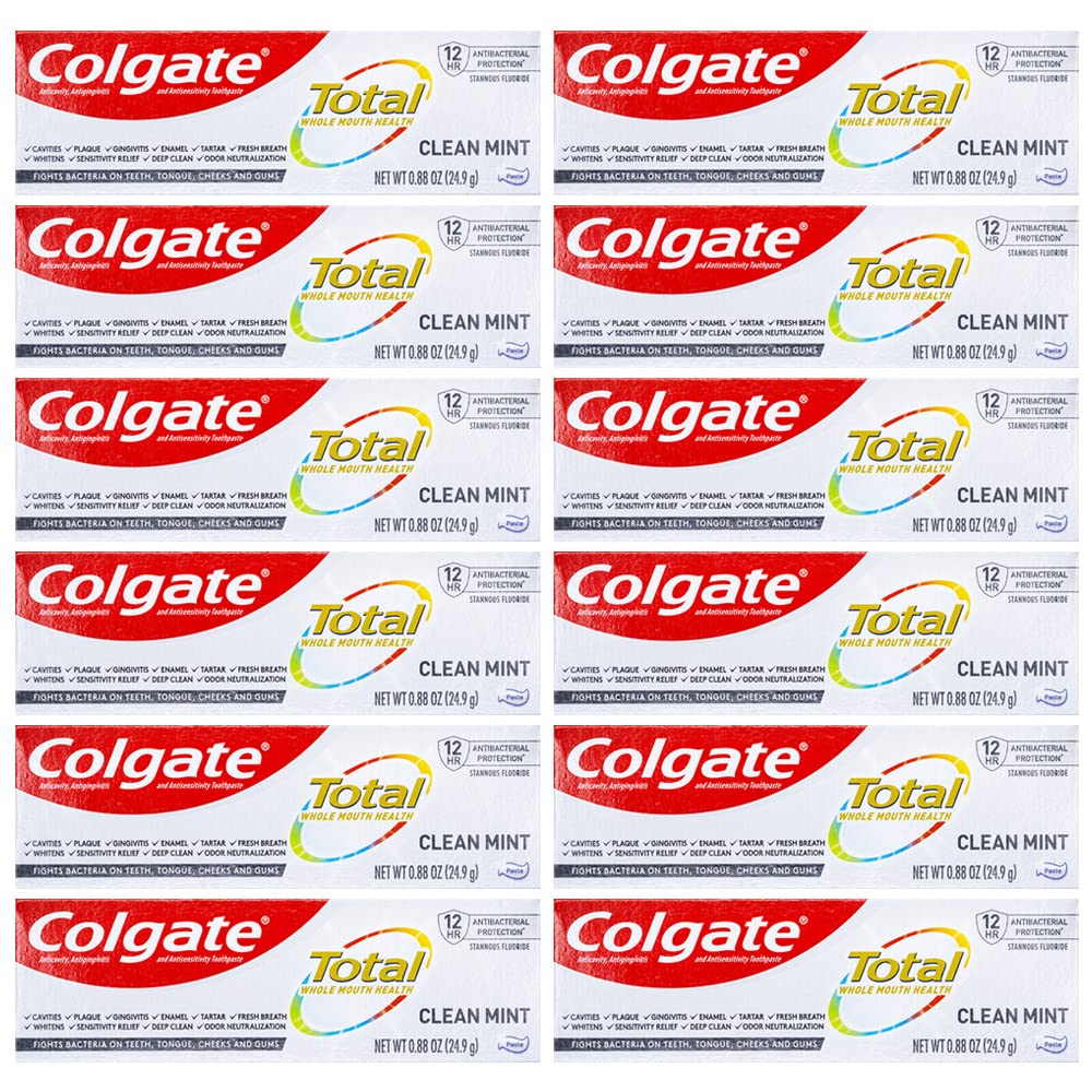 Colgate Total Clean Mint travel-size toothpaste tube close-up for convenient brushing on the go.