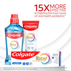 Colgate Total packaging label emphasizing fluoride antibacterial formula for daily defense.
