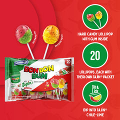 Tajín seasoning pouch paired with Bon Bon Bum lollipop for interactive dipping moments.