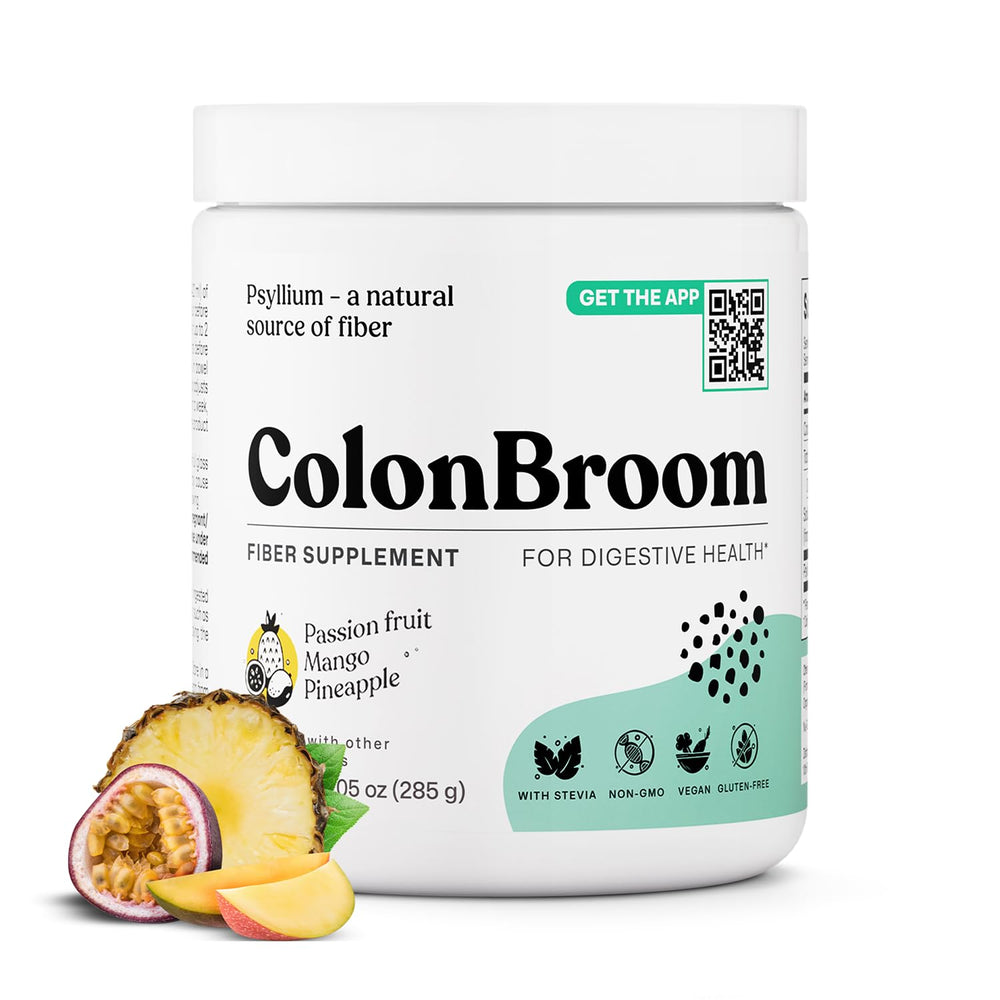 ColonBroom psyllium husk powder tropical fruits bottle for gentle daily balance.