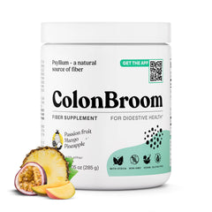 ColonBroom psyllium husk powder tropical fruits bottle for gentle daily balance.