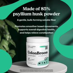 ColonBroom shake-ready fiber powder shown in a bottle for on-the-go
