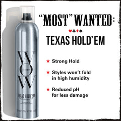 COLOR WOW Texas Hold Em hairspray close-up highlights brushable hold without stiffness.
