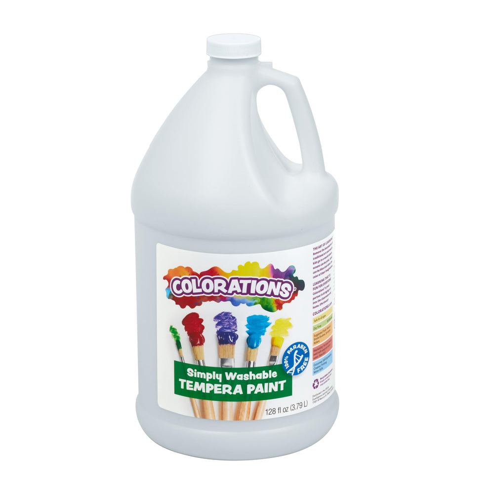 Colorations Washable Tempera Paint gallon white pour demonstrates smooth base for classroom projects.