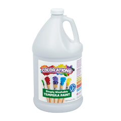 Colorations Washable Tempera Paint gallon white pour demonstrates smooth base for classroom projects.
