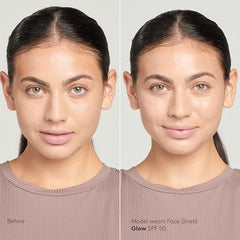 Pearlescent glow from Colorescience Shield Glow provides a luminous complexion.