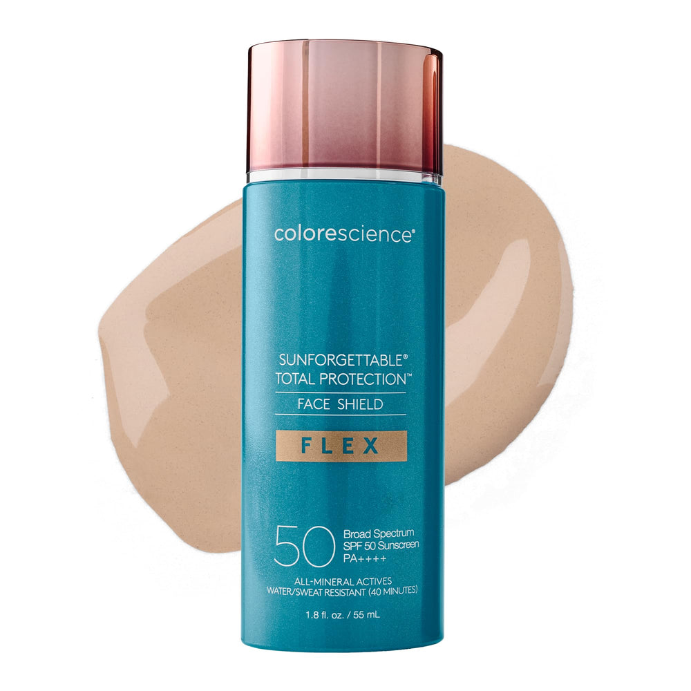 Colorescience Total Protection Face Shield Flex bottle shows SPF 50 mineral protection for daily use
