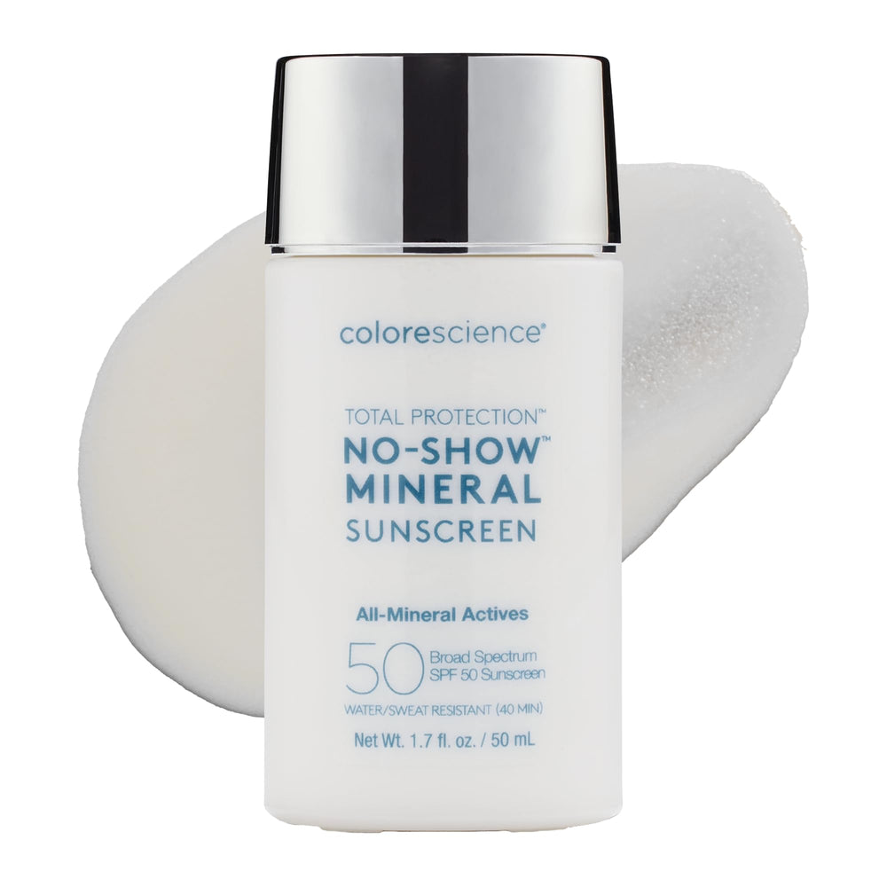 Colorescience Total Protection No-Show bottle offers sheer SPF 50 mineral protection for all tones.