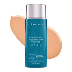Colorescience Total Protection Face Shield bottle close-up showing mineral SPF 50 protection.