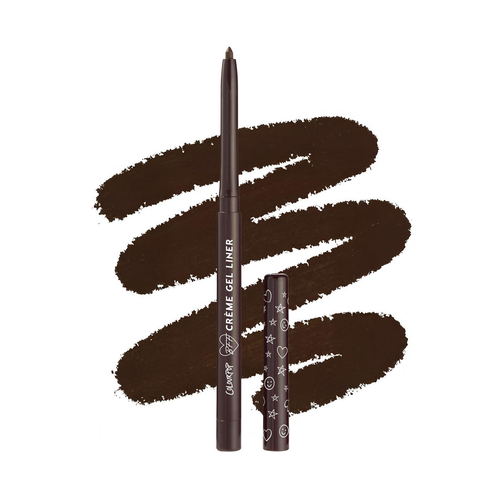 ColourPop Crème Gel Waterproof Eyeliner Brew Ha Ha swatch shows vivid color with long wear.