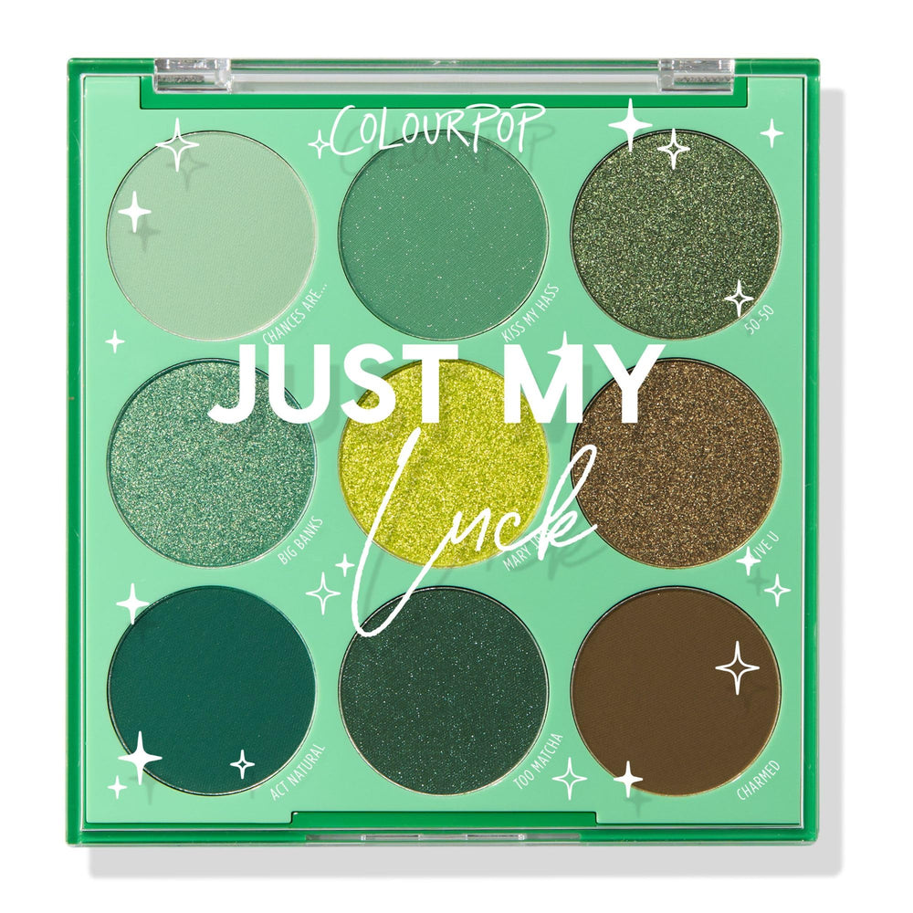 ColourPop Just My Luck palette cover — vibrant greens for standout looks.