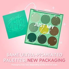 ColourPop Just My Luck swatches show matte and metallic greens for versatile daytime to evening looks.