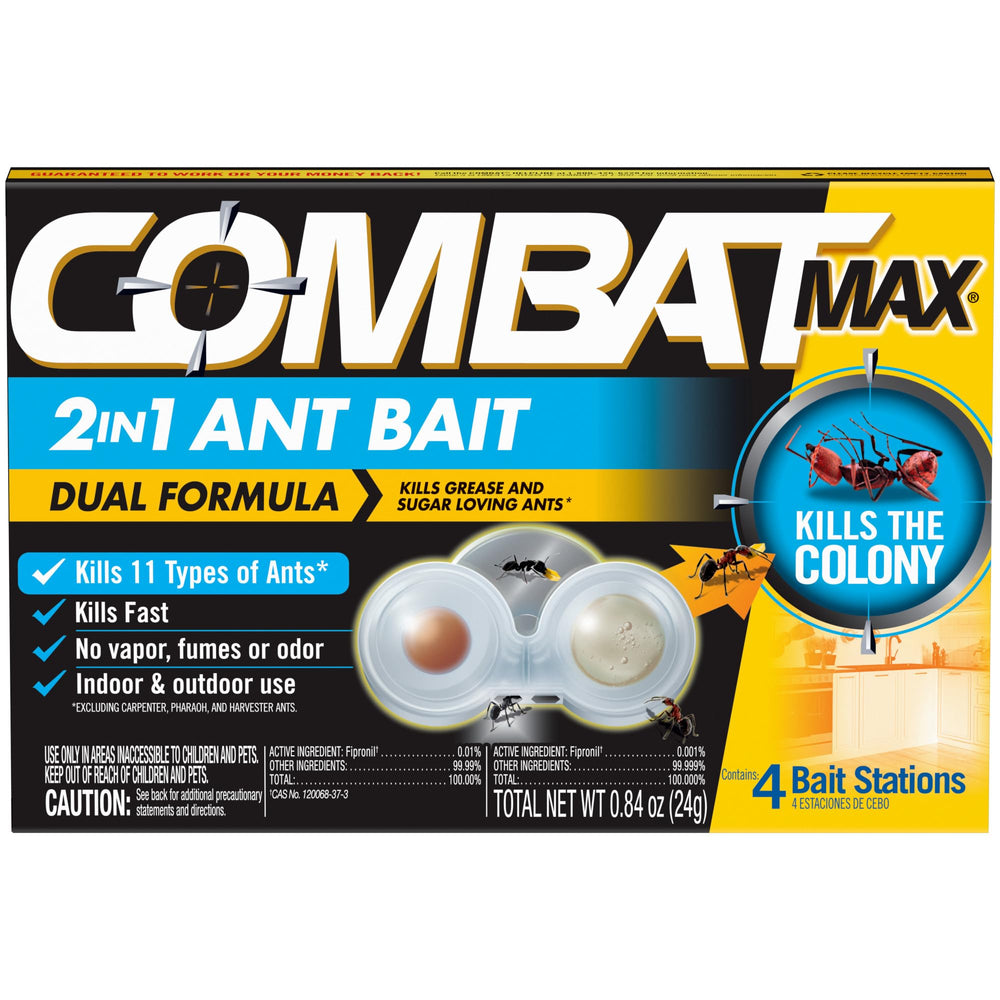 Combat Max 2in1 ant bait station front view with dual formulas attracting common household ants.