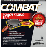 Combat roach bait station eight-count package demonstrates easy setup for targeting large roaches