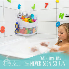 Comfylife bath toy organizer mesh net displaying multiple pockets for toys and toiletries.