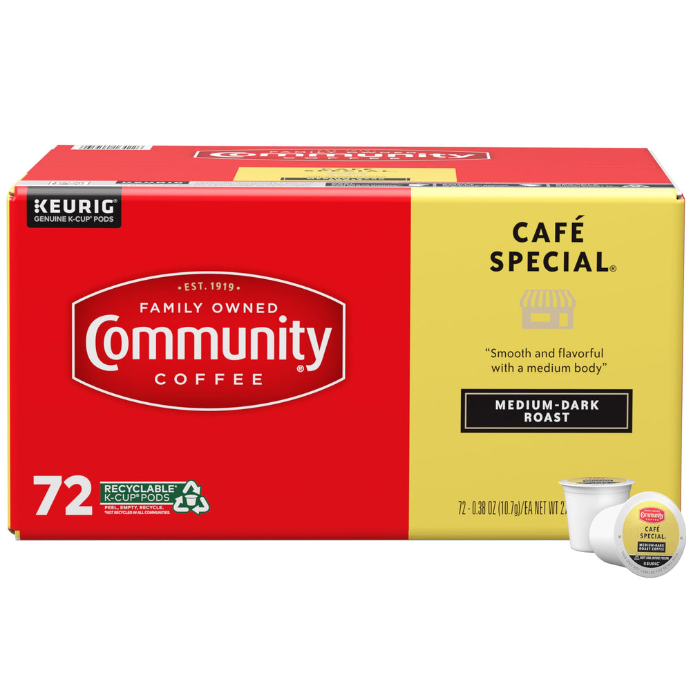 Community Coffee Café Special 72-count pods packaging—café-style experience at home