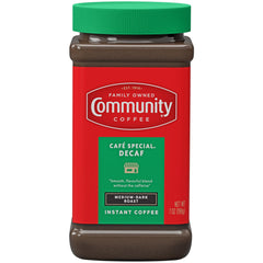 Community Coffee Cafe Special Decaf jar front shows smooth medium-dark roast aroma.