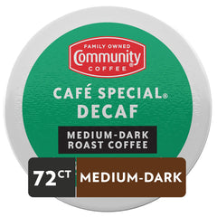 Community Coffee Café Special Decaf cup beside a pastry for a smooth, dessert-friendly pairing.