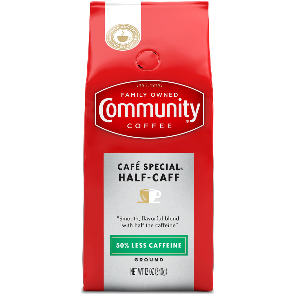 Community Coffee Cafe Special Half-Caff front label highlighting smooth flavor.