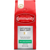 Community Coffee Cafe Special Half-Caff front label highlighting smooth flavor.